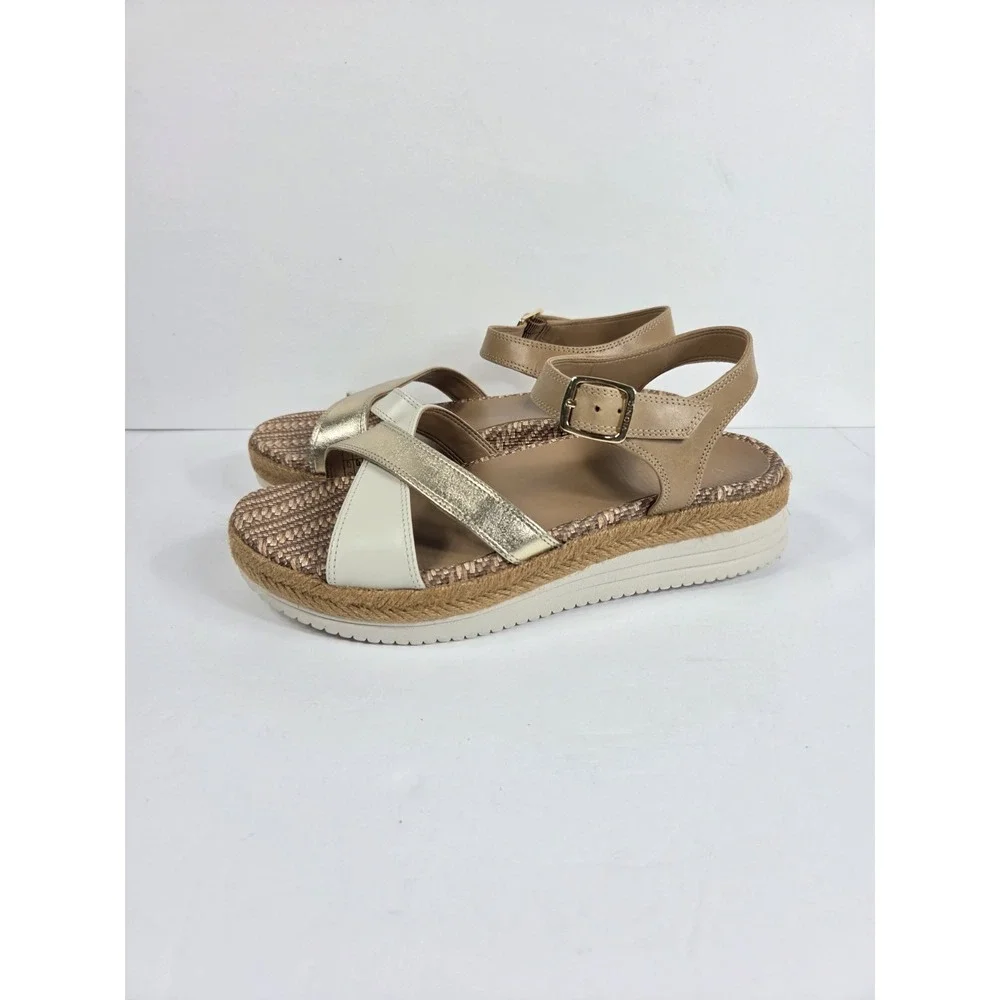 Vionic Platform Sandals Women 8.5 Tan Gold Cream Good Espadrille Flatform Strap